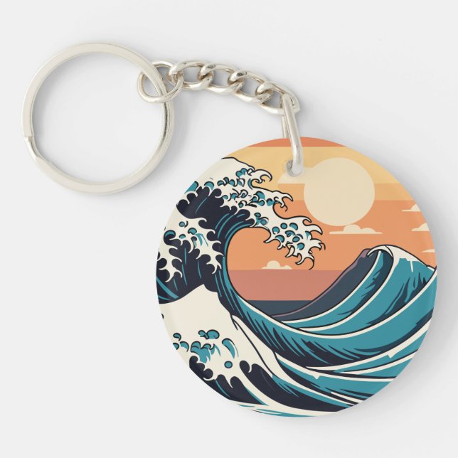 Ocean's Dance - Retro Great Ocean Waves at Sunset Key Ring (Front)
