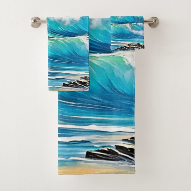 Ocean's Embrace: Wave Art Bath Towel Set (Insitu)