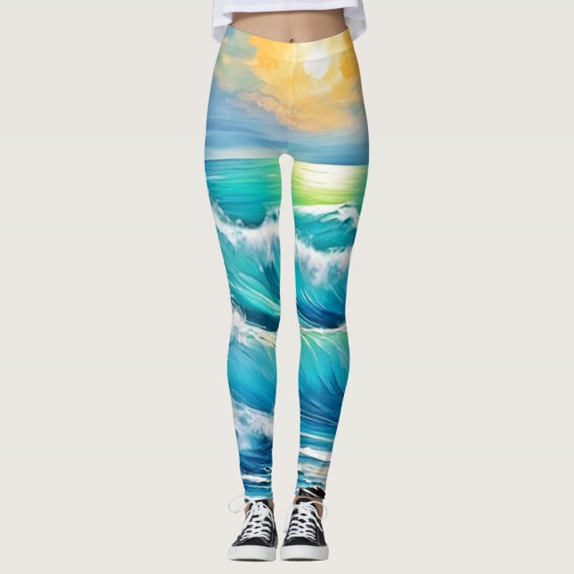Ocean's Embrace: Wave Art Leggings (Front)