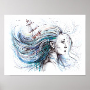 Oceans girl Nautical Surreal Painting art Poster