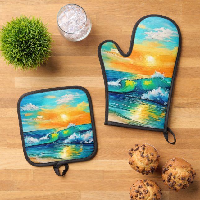 Ocean's Kiss: Sunset Waves Oven Mitt & Pot Holder Set (Top Down)