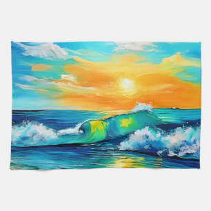 Ocean's Kiss: Sunset Waves Tea Towel