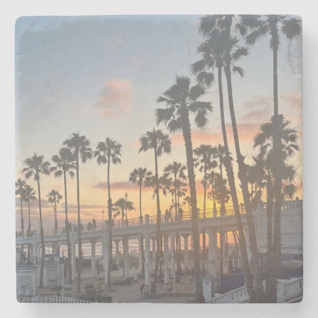 Oceanside California Orange Sunset Beach Boardwalk Stone Coaster (Front)