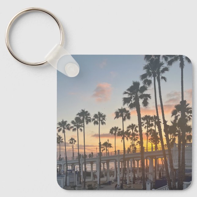 Oceanside California Orange Sunset Palm Trees Key Ring (Front)