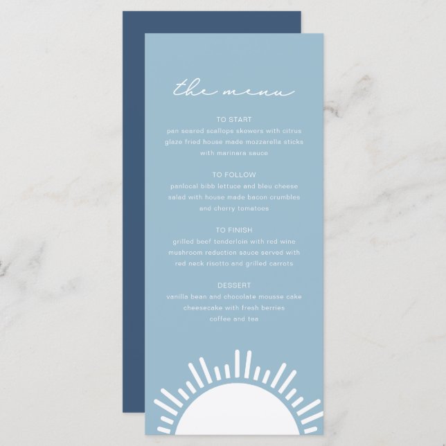 OCEANSIDE Dusty Light Blue Sun Ocean Themed Menu (Front/Back)