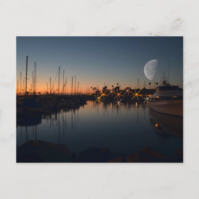 Oceanside Harbour at dusk with the Moon Postcard (Front)