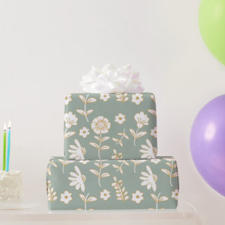 ocher flowers on aesthetic green background wrapping paper