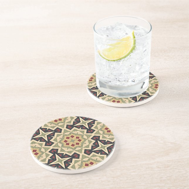 Ocher Red Olive Green Black Tribal Art Pattern Coaster (Side)