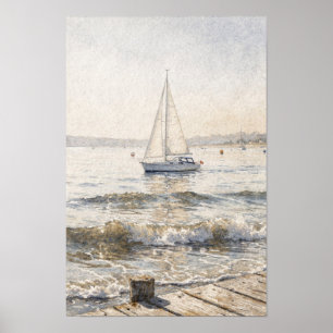 Ochre and Indigo Sailboat Coastal Wall Art