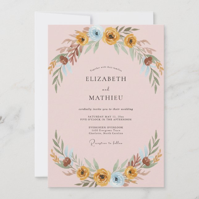 Ochre Azure Leafy Wedding Invitation (Front)