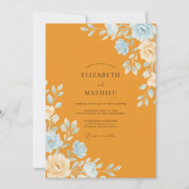 Ochre Azure Ranunculus Eucalyptus Wedding Invitation (Front)