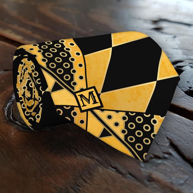 Ochre Black Geometric Pattern Monogram Tie (Creator Uploaded)