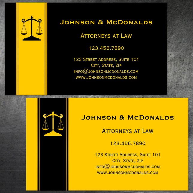 Ochre Black Gold Law Offices Business Card (Business card featuring scales to represent a law firm - lawyer - attorney at law - judge - legal)