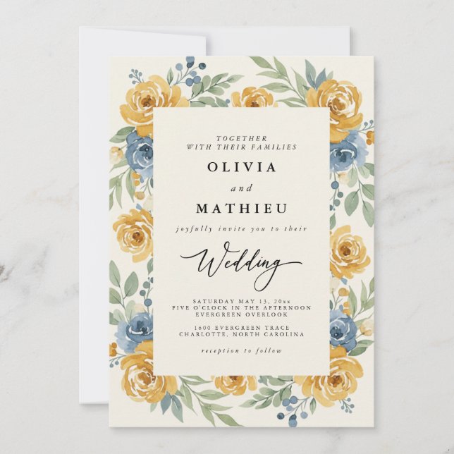 Ochre Blue Floral Romance Wedding Invitation (Front)