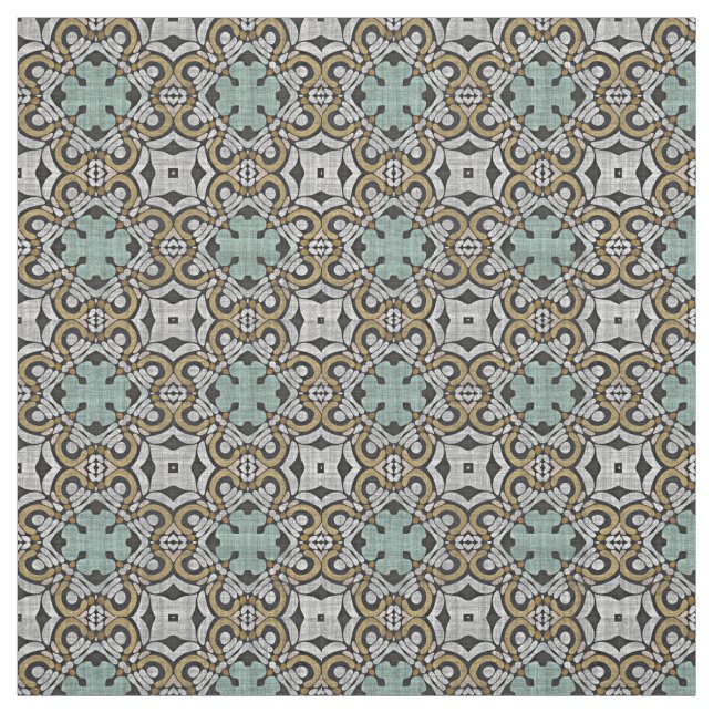 Ochre Brown Green Grey Retro Nouveau Deco Pattern Fabric (Swatch)
