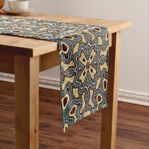 Ochre Brown Red Teal Blue Hip Bohemian Bali Art Short Table Runner