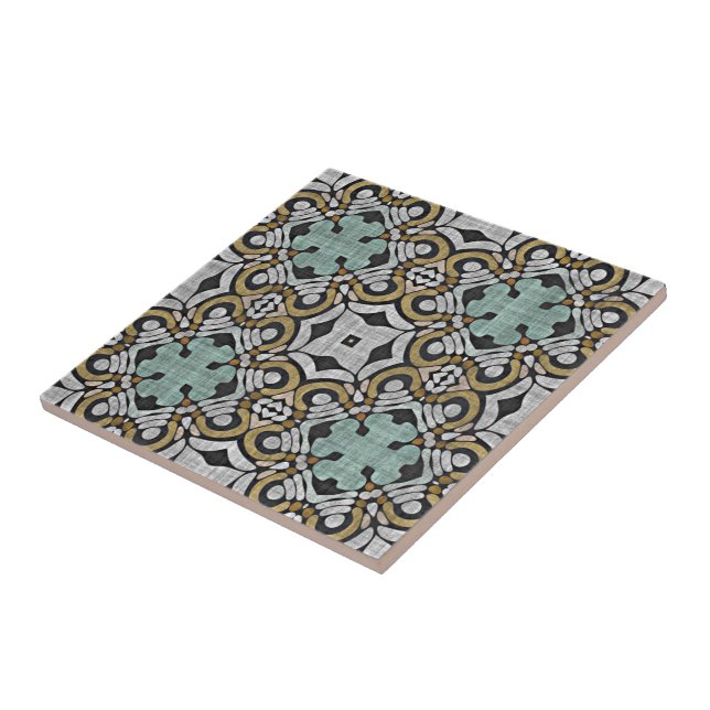Ochre Brown Seafoam Teal Green Ethnic Tribe Art Ceramic Tile (Side)