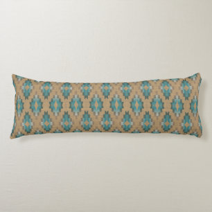 Ochre Brown Taupe Teal Blue Tribal Art Pattern Body Cushion