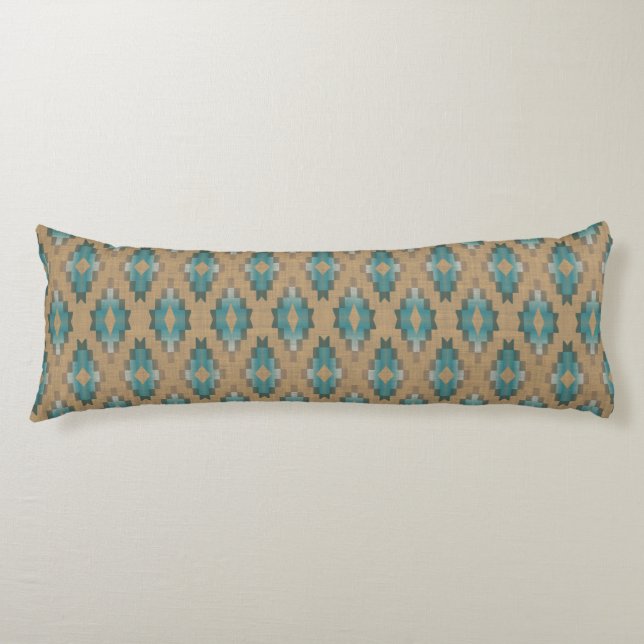 Ochre Brown Taupe Teal Blue Tribal Art Pattern Body Cushion (Front)