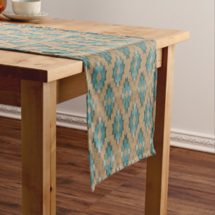 Ochre Brown Taupe Teal Blue Tribal Art Pattern Medium Table Runner