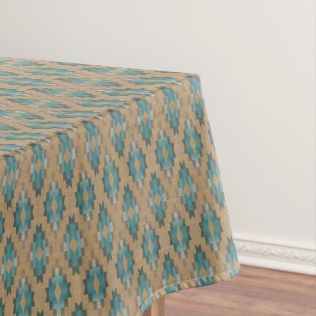 Ochre Brown Taupe Teal Blue Tribal Art Pattern Tablecloth (In Situ)