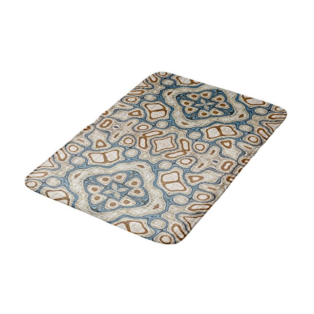 Ochre Brown Teal Blue Tribal Art Bath Mat (Angled)