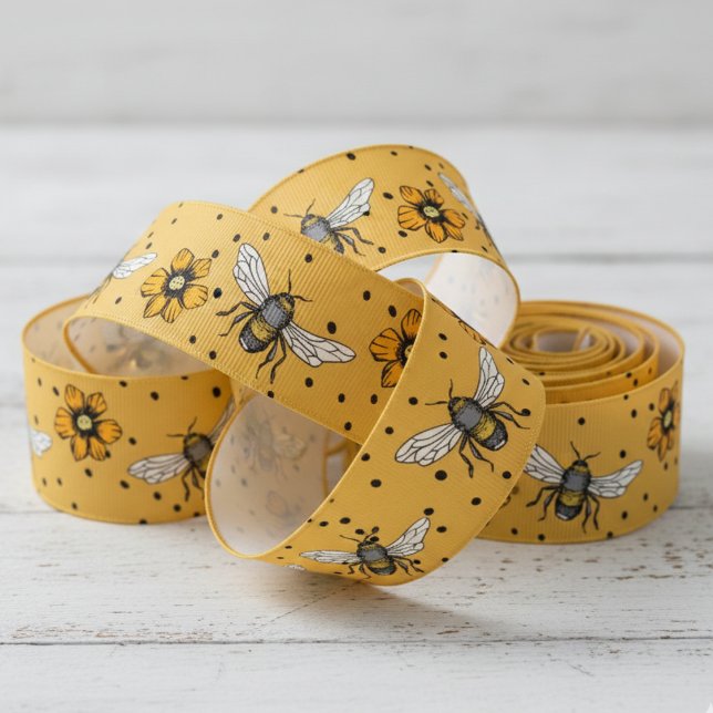 Ochre Buzzing Bees & Cosmos Flower Blooms Grosgrain Ribbon (Orange & Black Polka Dots Floral Insect Bee Ribbon. Vintage Honeybee & Yellow Flowers Nature Pattern)