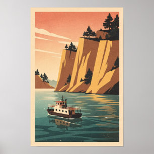 Ochre Cliffs and Harbour Ferry Retro Travel Poster