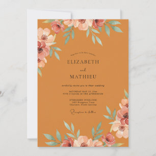 Ochre Coral Ranunculus Eucalyptus Wedding Invitation