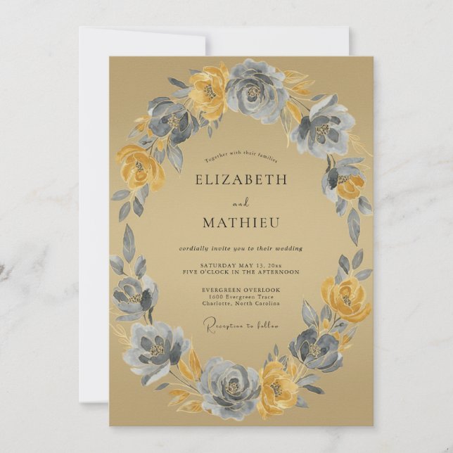Ochre Floral Wreath Wedding Invitation (Front)