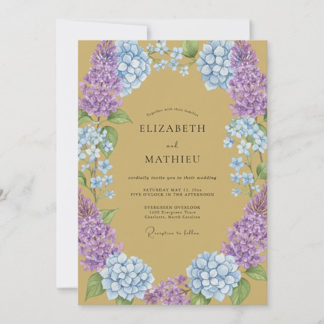 Ochre Hydrangea Amethyst Eucalyptus Wedding Invitation (Front)