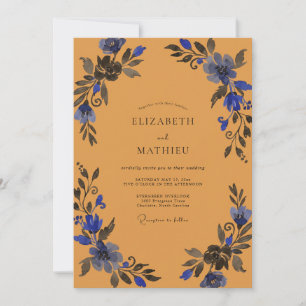 Ochre Indigo Leaf Wedding Invitation
