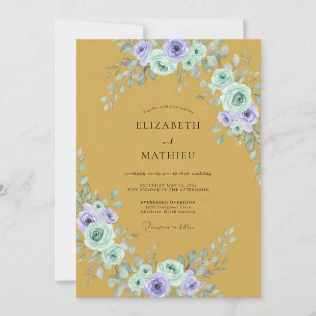 Ochre Lilac Leafy Wedding Invitation (Front)