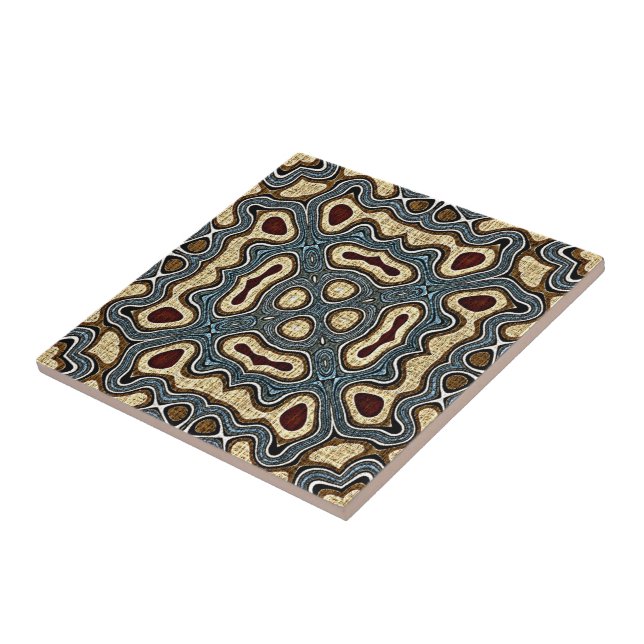 Ochre Mustard Red Brown Teal Blue Ethnic Tribe Art Ceramic Tile (Side)