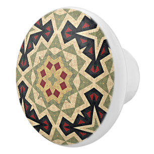 Ochre Mustard Yellow Olive Green Black Tribal Art Ceramic Knob