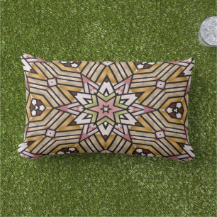 Ochre Mustard Yellow Taupe Brown Pink Tribal Art Lumbar Cushion