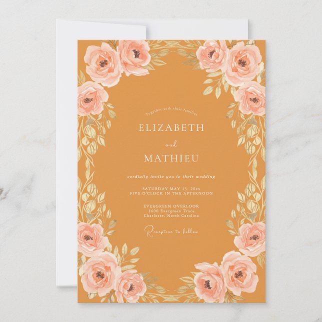 Ochre Peach Peony Wedding Invitation (Front)