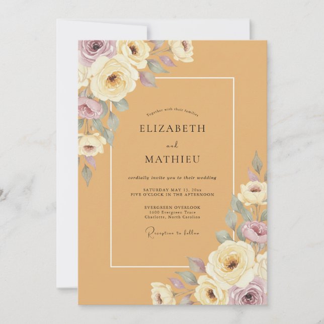Ochre Peony Wedding Invitation (Front)