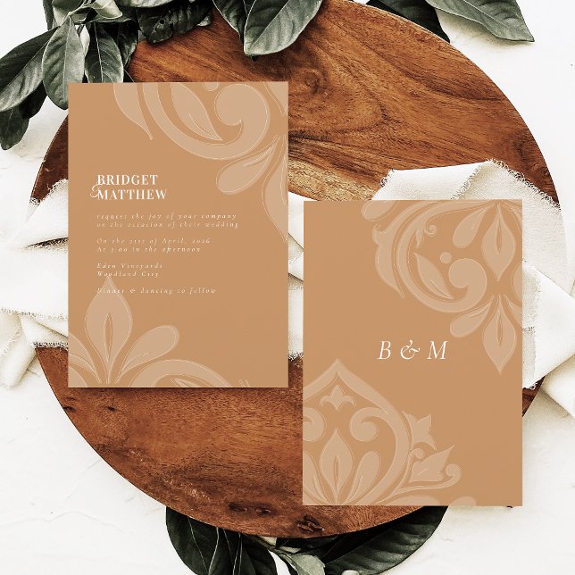 Ochre Tasteful Classic Script Damask Wedding Invitation (Creator Uploaded)