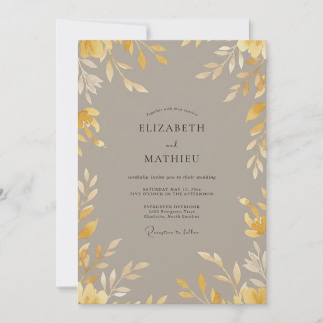 Ochre Taupe Leafy Wedding Invitation (Front)
