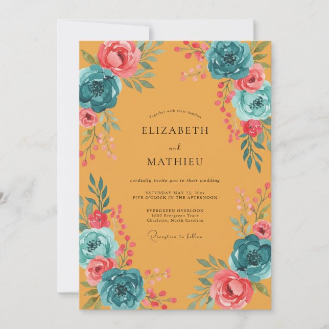 Ochre Teal Bloom Wedding Invitation (Front)