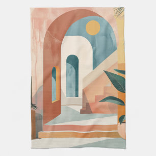 Ochre Teal Mid Century Tropical Archway Art Tea Towel