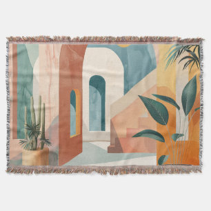 Ochre Teal Mid Century Tropical Archway Art Throw Blanket