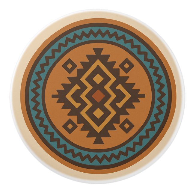 Ochre Teal Zigzag Diamond Zapotec Ceramic Knob (Front)