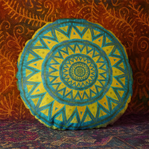 Ochre & Turquoise Bohemian Celestial Tribal Ethnic Round Cushion