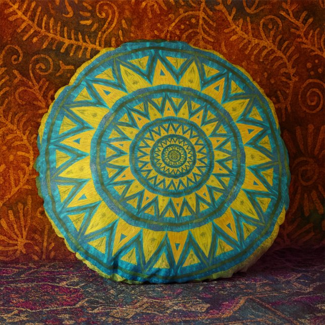 Ochre & Turquoise Bohemian Celestial Tribal Ethnic Round Cushion (Creator Uploaded)