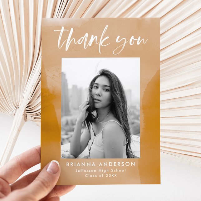 Ochre Watercolor Wash Photo Graduation Thank You Card (Creator Uploaded)