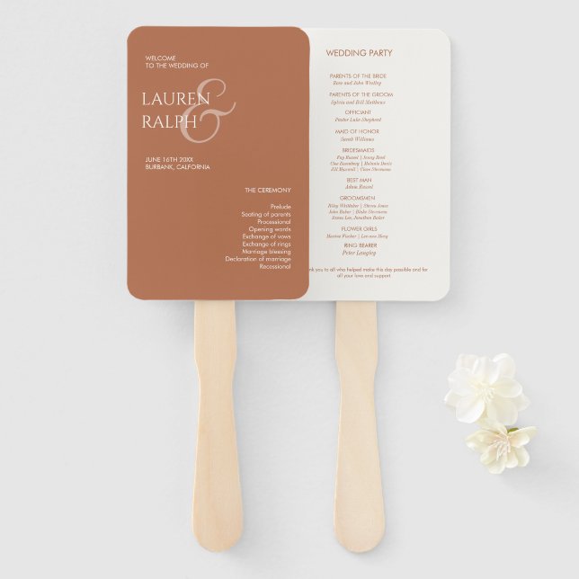 Ochre & White Monogram Welcome Wedding Program Hand Fan (Front and Back)