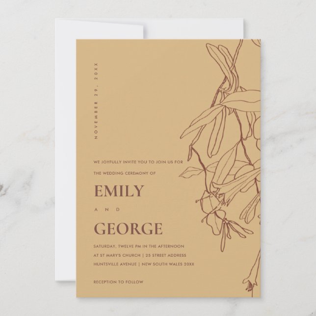 OCHRE YELLOW LINE DRAWING FLORAL WEDDING INVITE (Front)
