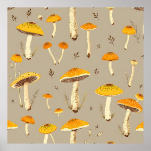 Ochre Yellow Mushroom Whimsical Woodland Botanical Poster